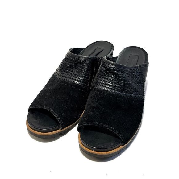 Sorel Shoes - Sorel Joanie Black Suede and Laser Cut Leather Slide Mules